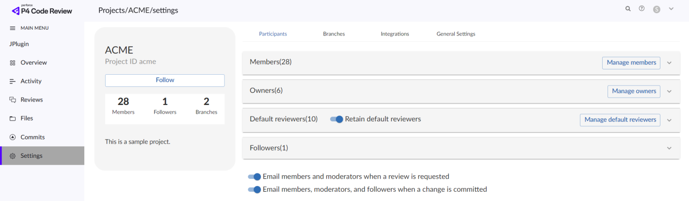 Project settings summary